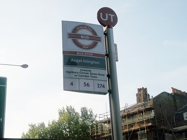 Bus stop signage at the Angel Islington road
